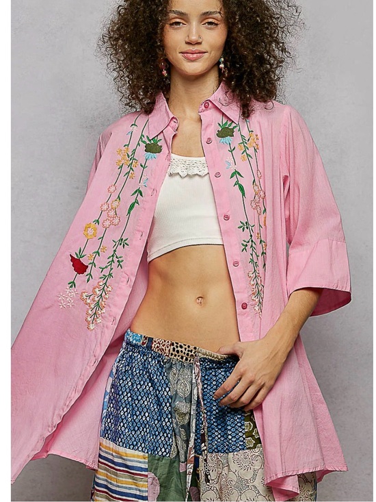 POL Tops - POL Pink Embroidered floral Button-Down Shirt